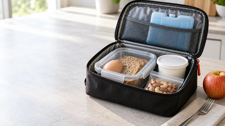 Geöffnete Kühltasche mit Kühlakku, verschlossenem Joghurtbecher, Snackbox, Nüssen und einem Apfel auf einer Küchenfläche.