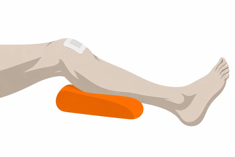 Illustration eines einzelnen gelagerten Beins mit einem kleinen geschlossenen Pflaster über dem Knie.