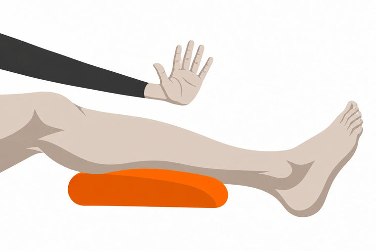 Illustration eines ruhenden Unterschenkels mit einer daneben geöffneten Hand als Zeichen zum Pausieren einer Anwendung.