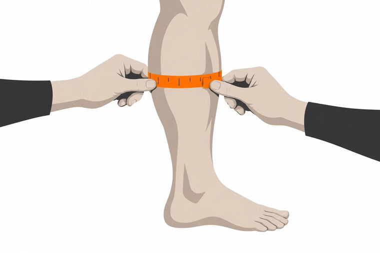 Illustration einer Wadenumfangsmessung: Zwei Hände halten ein orangefarbenes Maßband waagerecht um einen einzelnen Unterschenkel.
