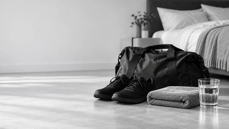 Trainingsschuhe, Sporttasche und Wasserglas neben einem ruhig eingerichteten Schlafzimmer.