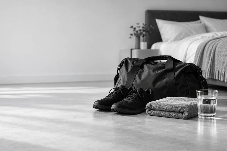Trainingsschuhe, Sporttasche und Wasserglas neben einem ruhig eingerichteten Schlafzimmer.