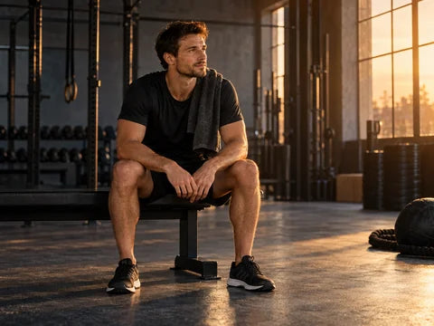 Mann in einer bewussten Trainingspause auf einer Bank im Fitnessstudio