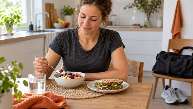 Eine Frau in Sportkleidung frühstückt Joghurt mit Haferflocken und Beeren am Küchentisch; Sporttasche und Laufschuhe stehen neben dem Stuhl.