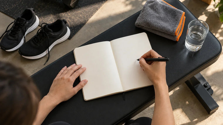 Hände mit Stift über einem offenen Notizbuch auf einer Trainingsbank; daneben stehen Laufschuhe, ein Handtuch und ein Glas Wasser.