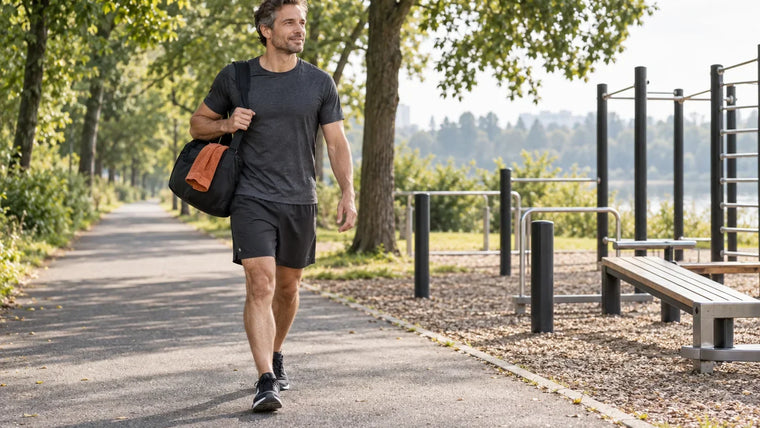 Ein Mann in Sportkleidung geht entspannt auf einem ruhigen Weg neben einer Trainingsfläche und beginnt seine Sporteinheit mit leichter Bewegung.