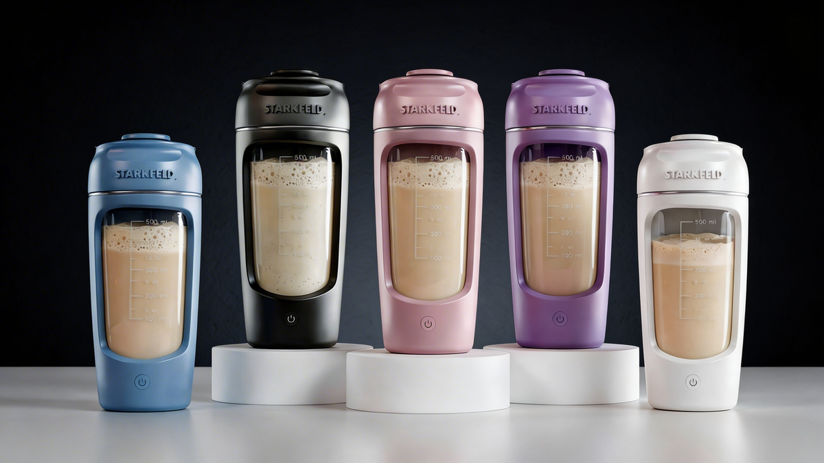 Fünf elektrische STARKSHAKE Shaker in verschiedenen Farben nebeneinander, jeder mit einem fertig gemixten Shake gefüllt