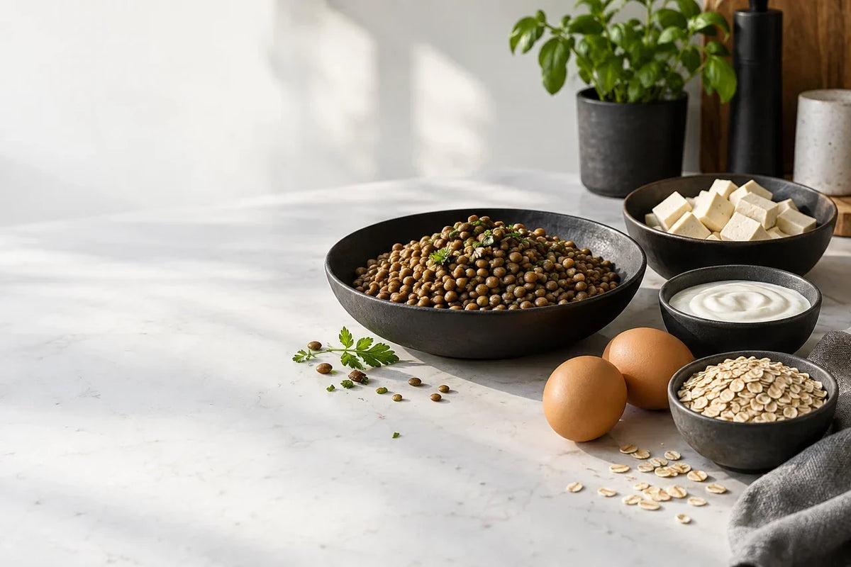 Linsen, Tofu, Eier, Haferflocken und eine Schale Joghurt auf einer hellen Fläche.