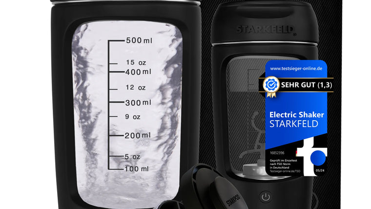 Schwarzer STARKSHAKE V4 mit transparentem Behälter und Verpackung als Produktansicht zum Reinigungsratgeber.