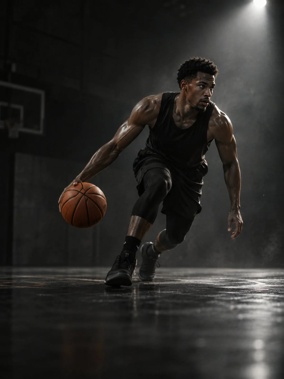 Basketballer im tiefen Dribbling unter einem Hallenspot