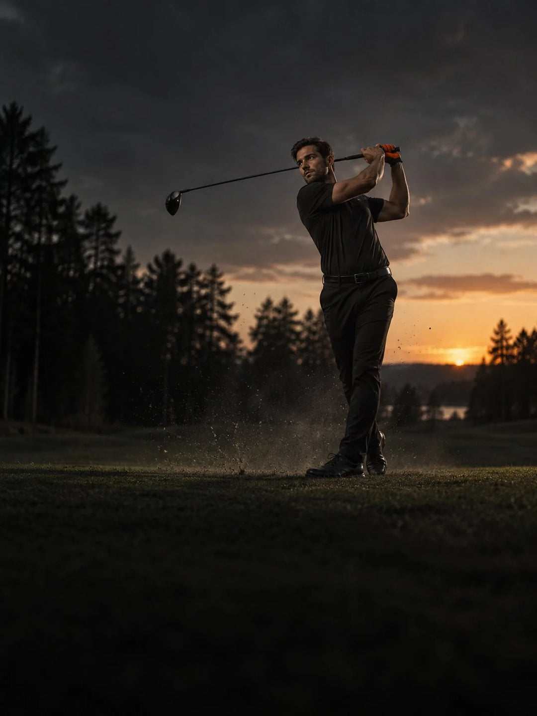 Golfer im Ausschwung nach dem Abschlag im Abendlicht