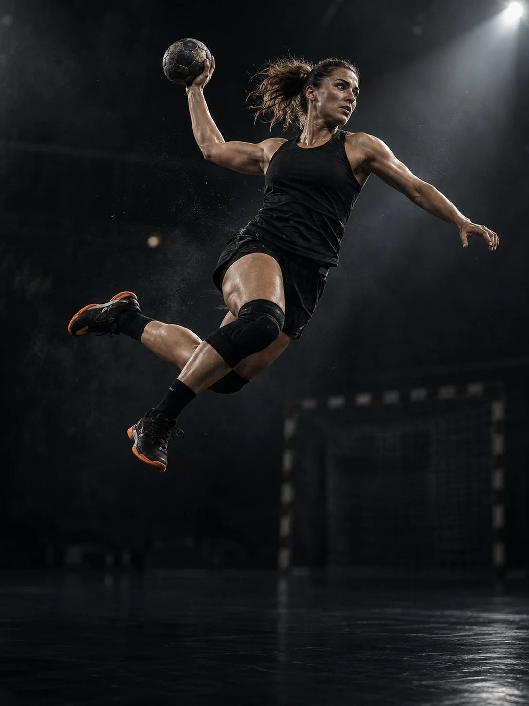 Handballerin im Sprungwurf vor dem Tor, Ball hoch in der Wurfhand