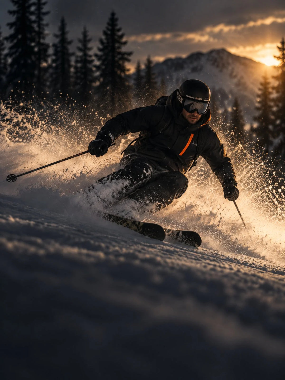 Skifahrer in tiefer Kurvenlage mit Schneestaub im Abendlicht