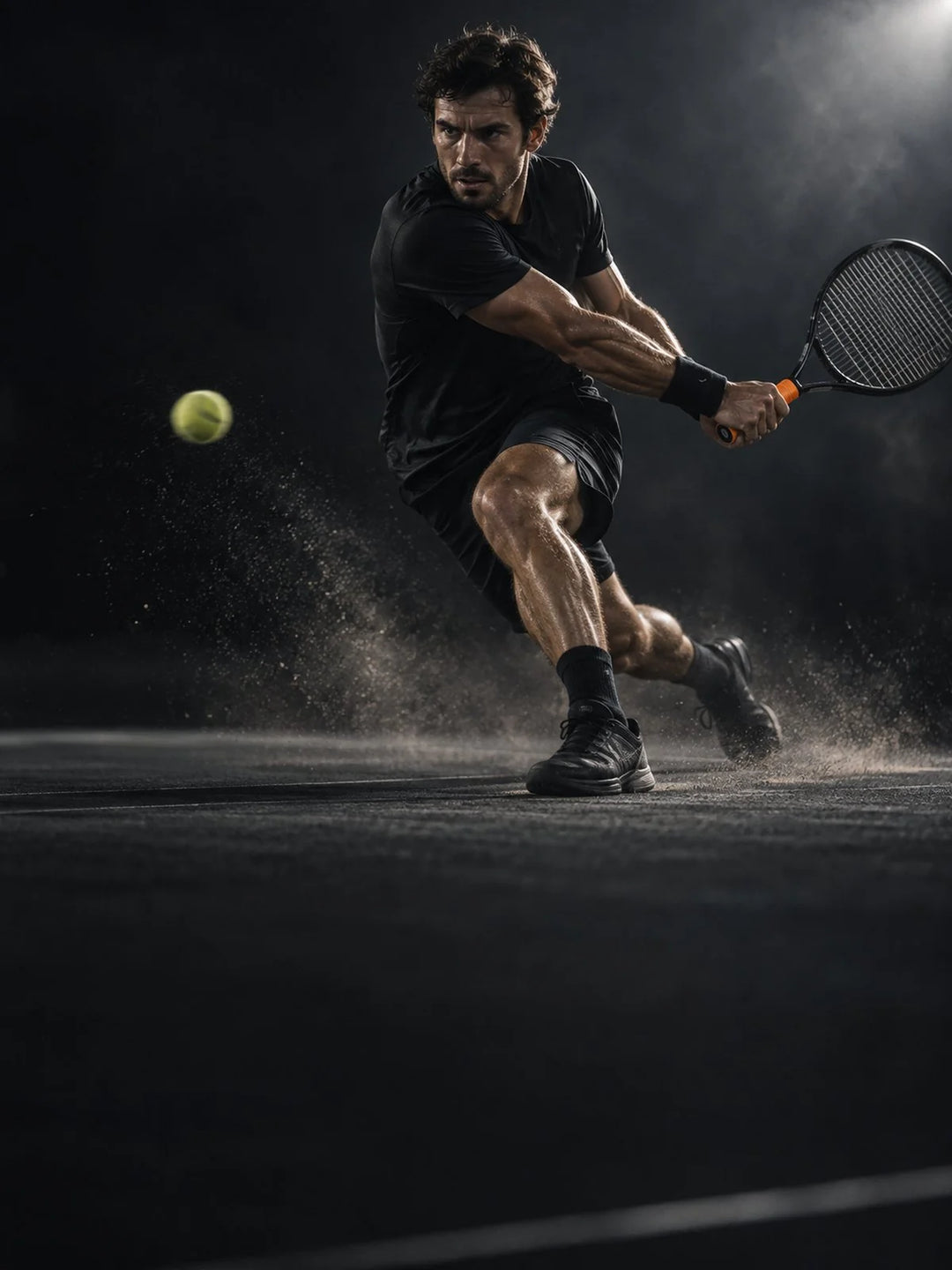 Tennisspieler im Ausfallschritt zur Rückhand bei Nacht, Staub im Licht