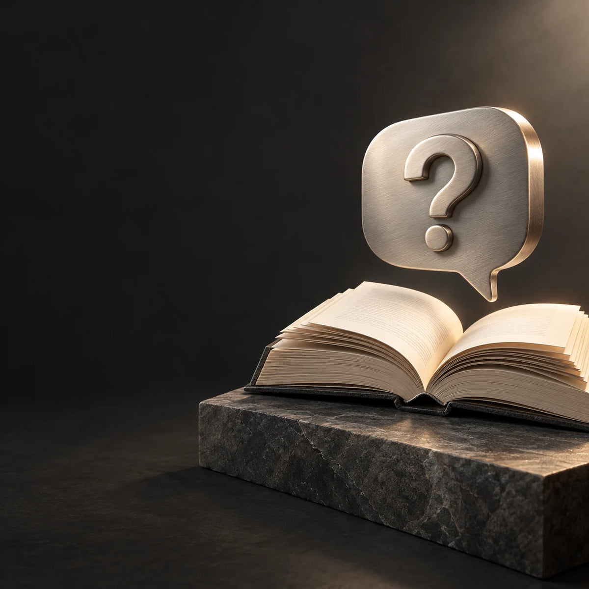 KI-generiertes FAQ-Motiv: offenes Wissensbuch mit einer metallischen Sprechblase und Fragezeichen.