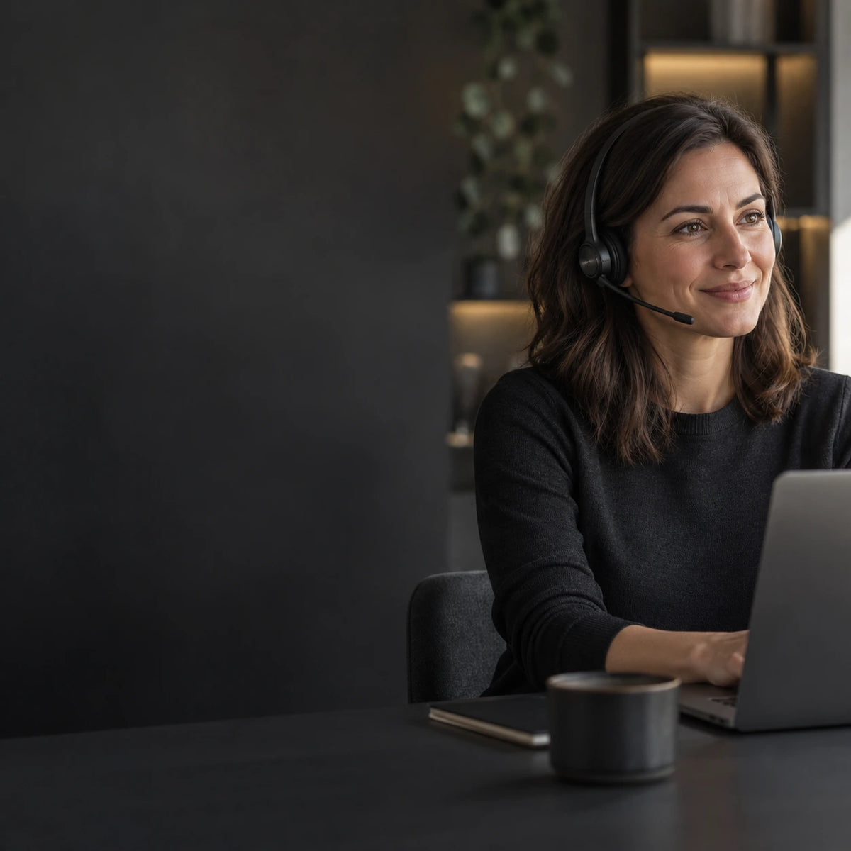 KI-generiertes Motiv: freundliche Kundenberaterin mit Headset am Laptop in einem modernen Büro.