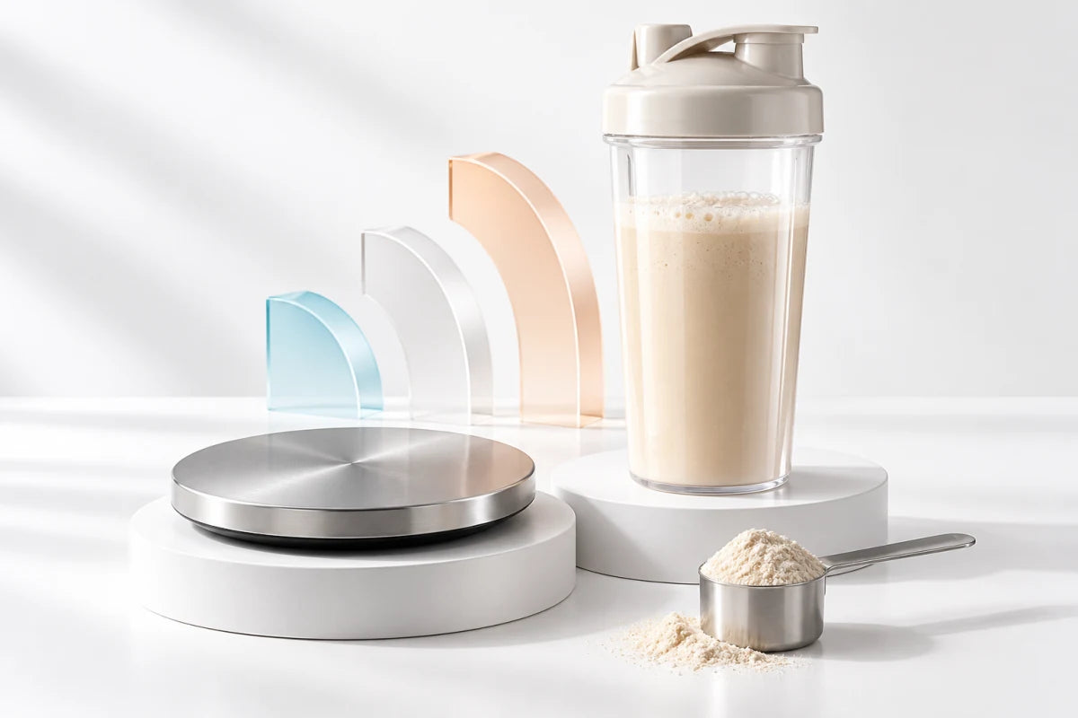 Präzisionswaage, heller Proteinshake und Messlöffel in einem weißen Studio