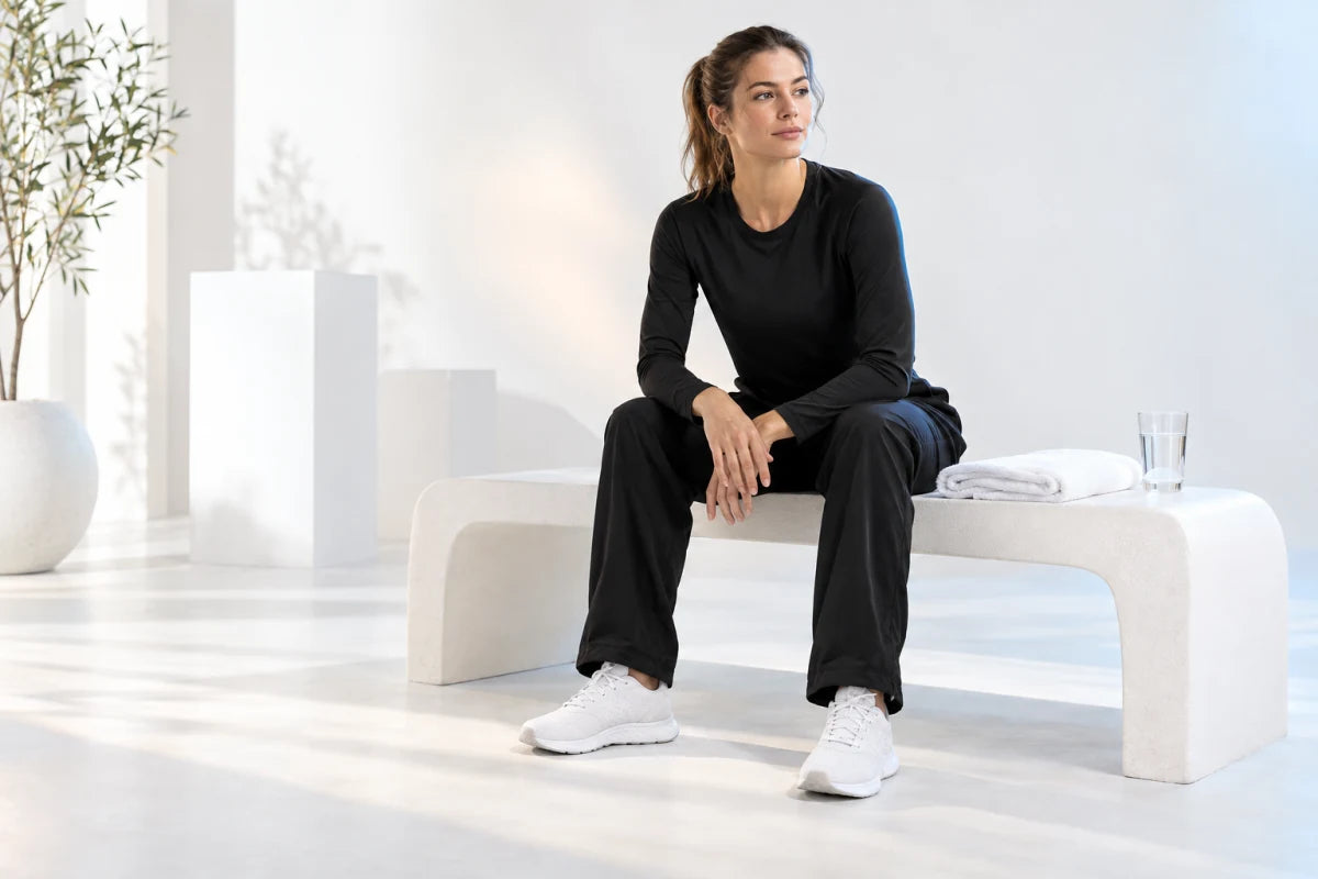 Sportlerin in schwarzer Trainingskleidung bei einer ruhigen Pause in einem hellen Studio