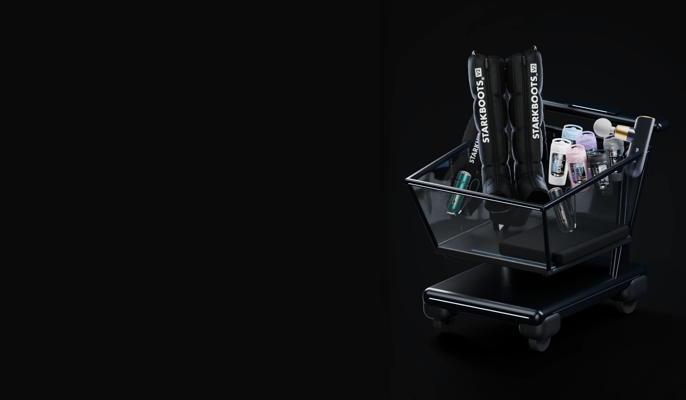 Schwarzer Premium-Einkaufswagen mit STARKBOOTS V2, STARKSLEEVES, STARKHIPS, STARKSHAKE und STARKGUN mit originalen Produktlogos.