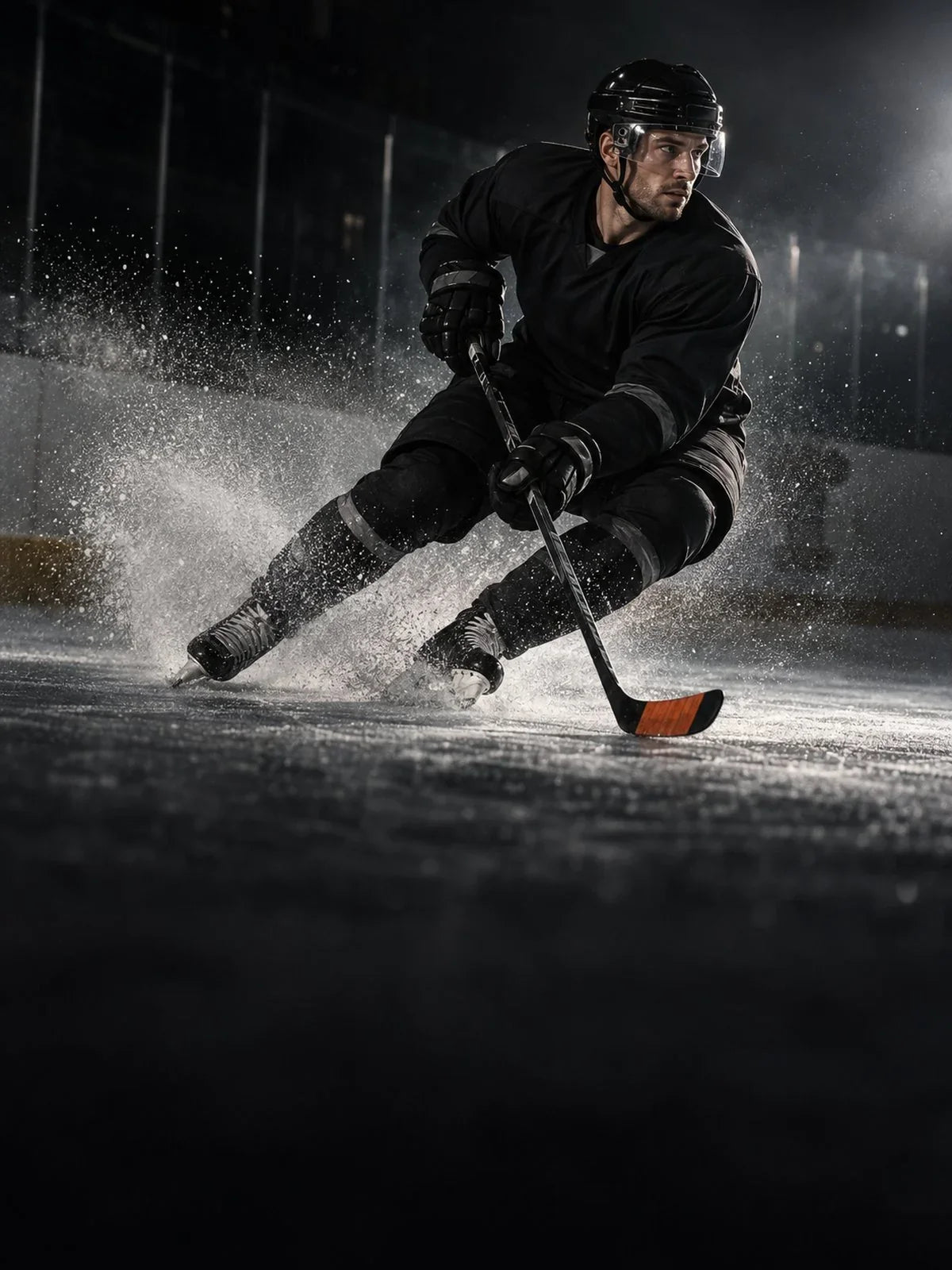 Eishockeyspieler fährt mit Schläger durch eine Kurve auf dem Eis.