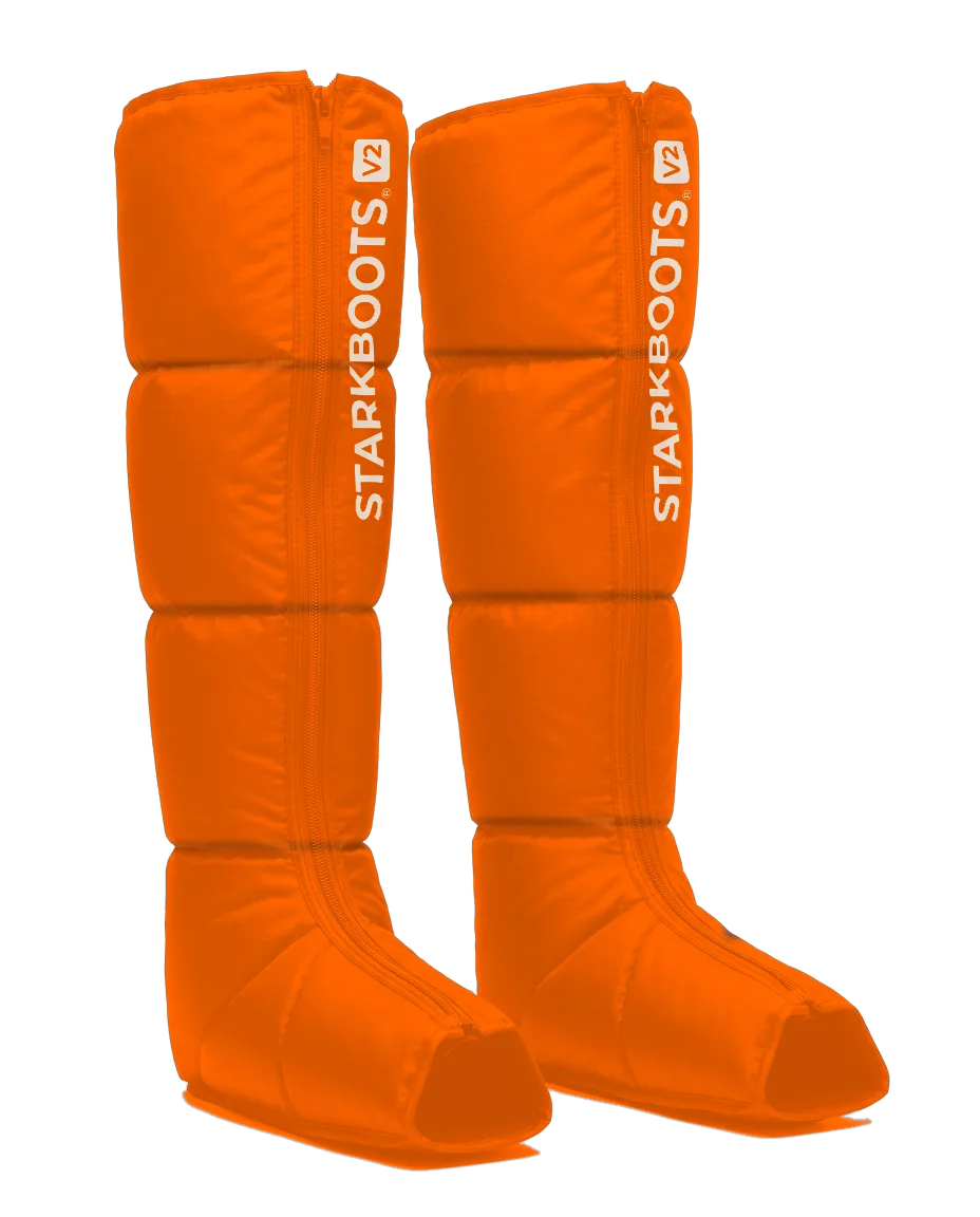 STARKBOOTS V2 mit allen vier Luftkammern gefüllt: Fuß und Knöchel mit offener Fußspitze, untere Wade, obere Wade, Oberschenkel
