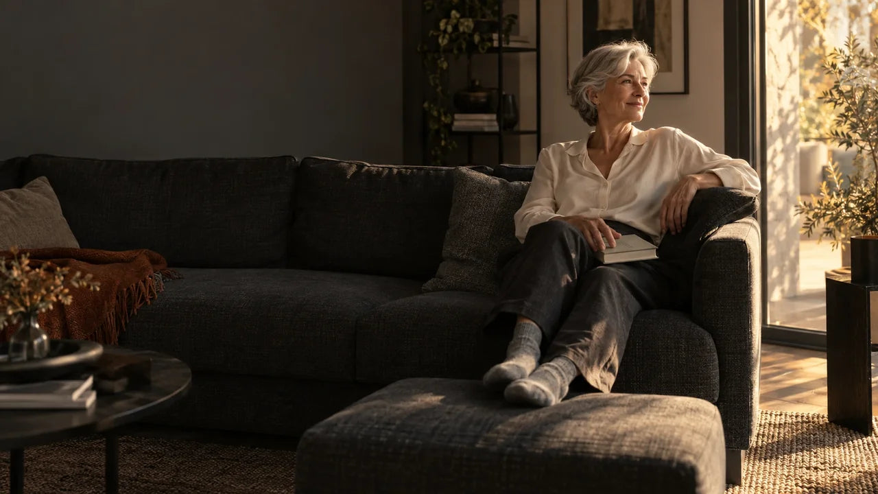 Ältere Frau mit einem Buch entspannt auf dem Sofa