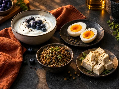Eiweißreiche Lebensmittel: Joghurt, Eier, Linsen und Tofu auf einem dunklen Tisch