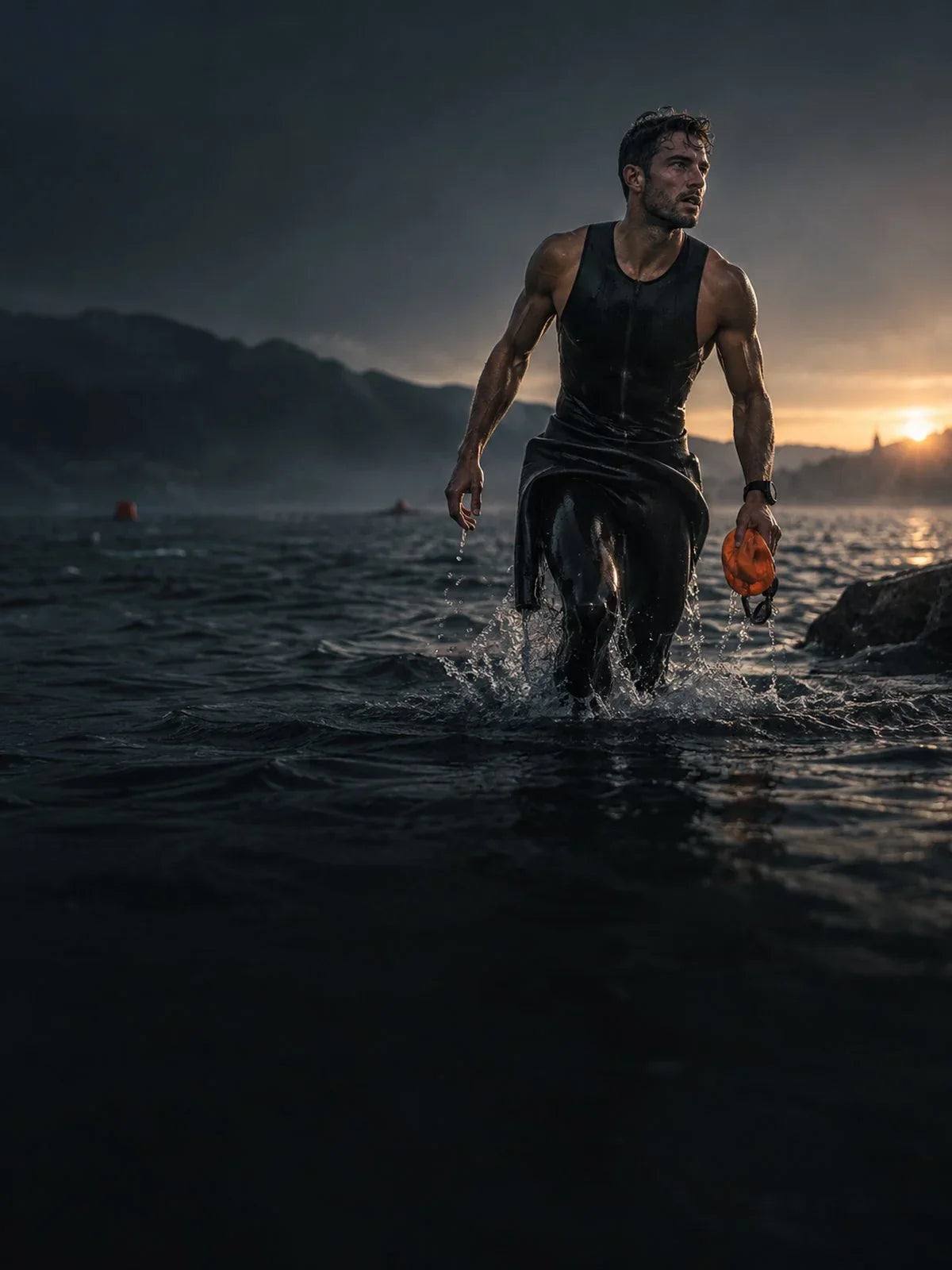 Triathlet kommt mit Badekappe in der Hand aus dem Wasser.